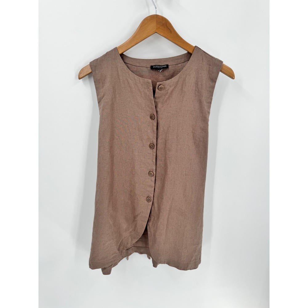 Eileen Fisher Sleeveless Button Front Top Women Est Small P Brown Organic Linen - Picture 14 of 15